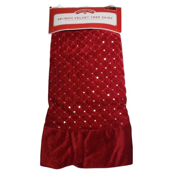 Christmas Holiday Tree Skirt 48 Inch Dark Red Velvet Silver Sequins - Picture 1 of 5